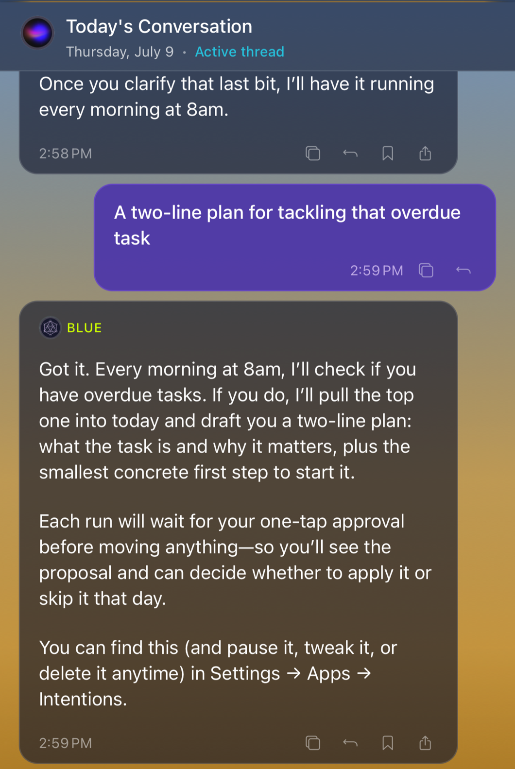 A standing intention authored in chat on iPhone: the user asks for 'a two-line plan for tackling that overdue task' each morning, and Blue confirms the rule: 'Each run will wait for your one-tap approval before moving anything.'