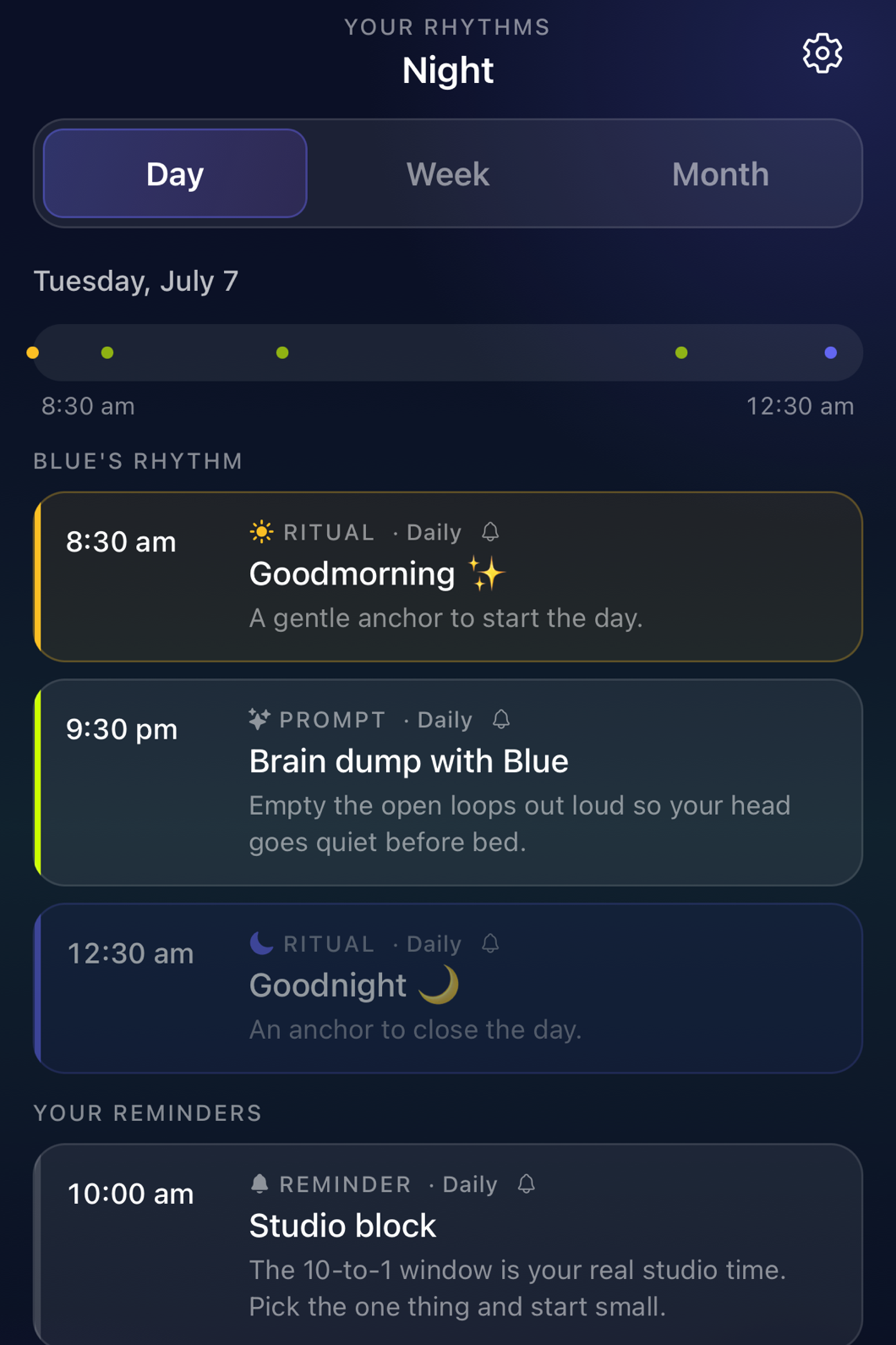 The Rhythms tab on iPhone at night: a day timeline of touchpoints; Blue's rhythm (a Goodmorning ritual, a 'Brain dump with Blue' evening prompt, a Goodnight close) above the user's own reminders (Studio block, Walk Pixel).