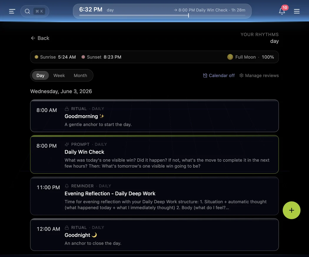 Blue's daily rhythm: a timeline of proactive touchpoints, a Goodmorning anchor, a midday Daily Win Check, an Evening Reflection, and a Goodnight close, with sunrise, sunset, and moon phase across the day.